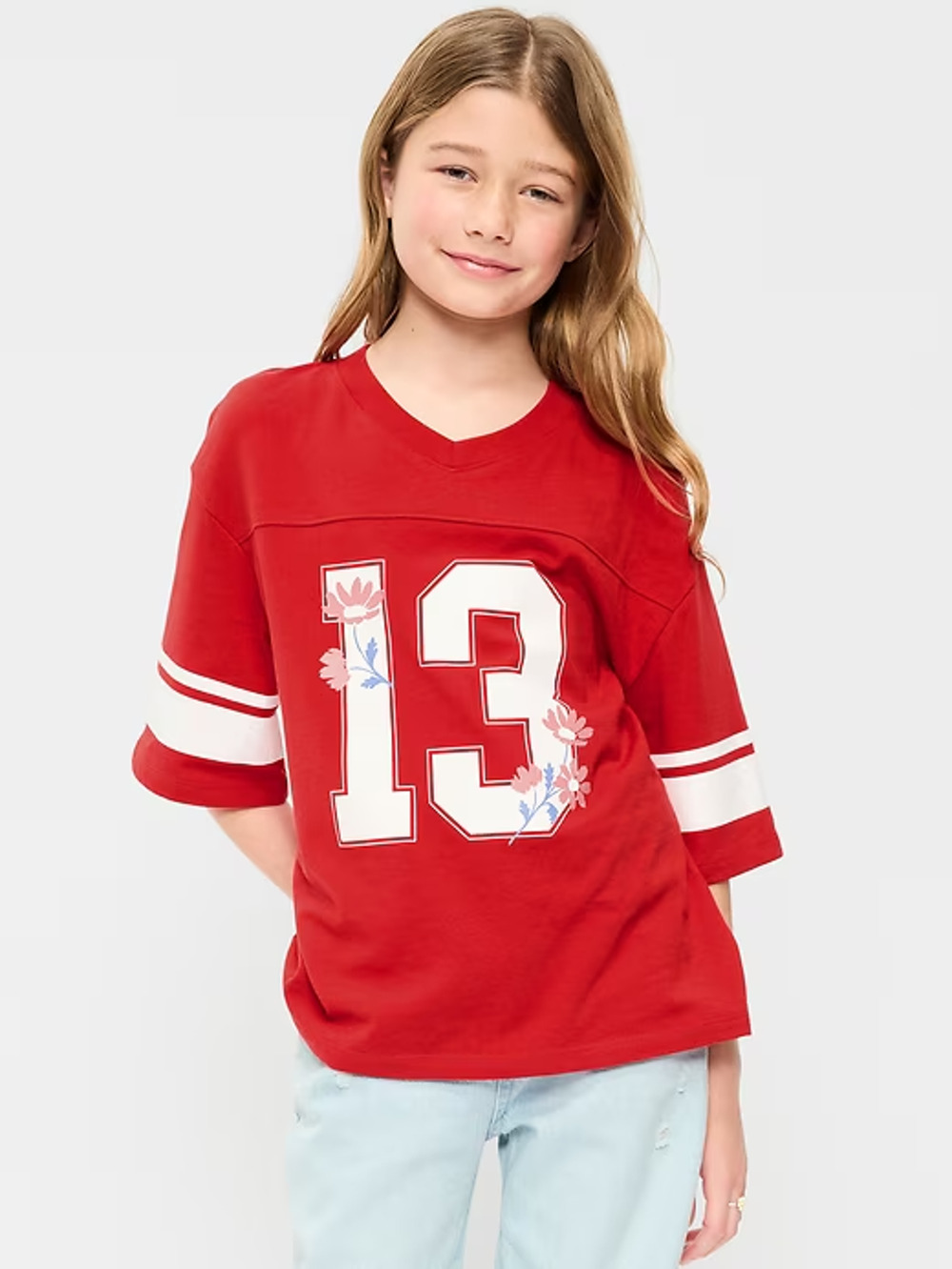 NEW Old Navy Kid Girl Red 13 Football V Neck Oversized T Shirt Top Size M